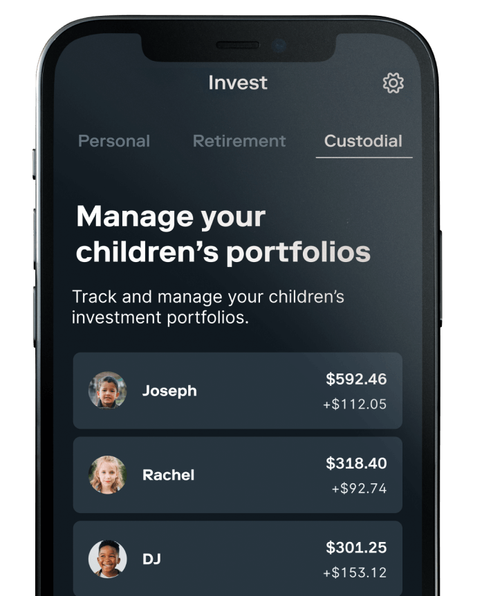 Manage your children's portfolio screen in Stash investment app.