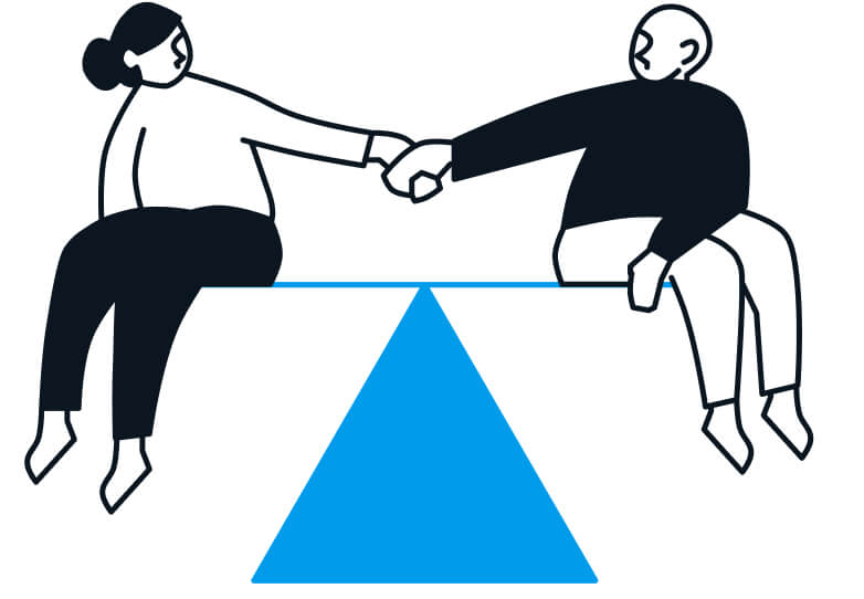 Illustration of two people holding hands on a scale.